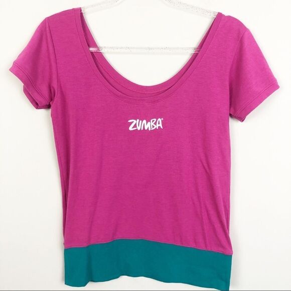 ZUMBA | Pink & Teal Short Sleeve Scoop Neck Tee S - Picture 1 of 7